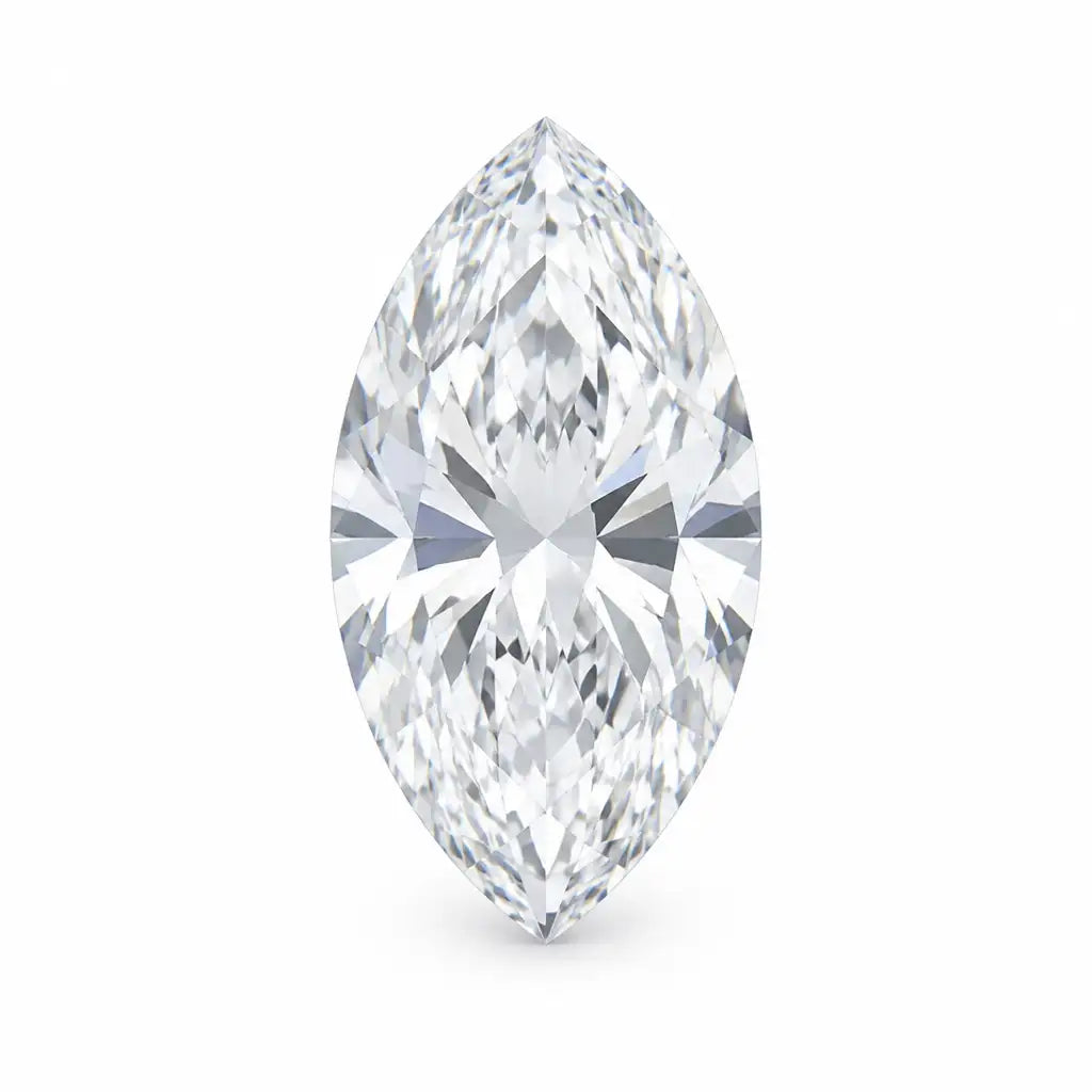 An elongated marquise cut lab-grown diamond featuring sharp pointed tips and a royal, eye-shaped silhouette.