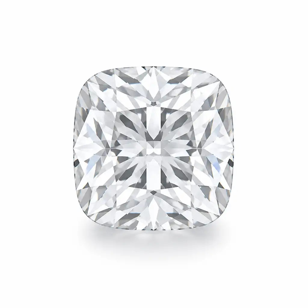 A cushion cut lab-grown diamond with soft pillow-like rounded corners and radiant crushed-ice sparkle.