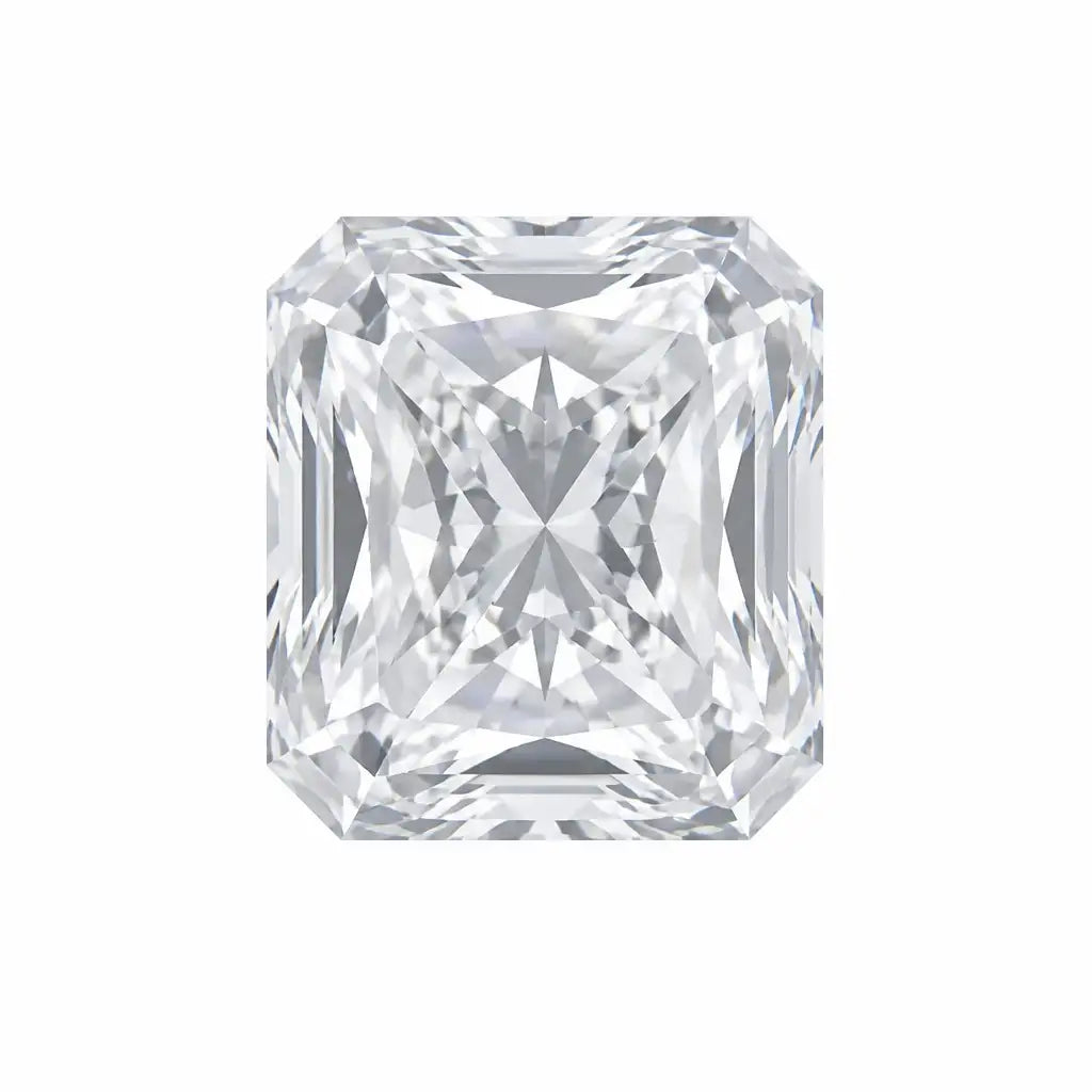 A rectangular radiant cut lab-grown diamond with distinctive cropped corners and intense brilliant sparkle on a white background.