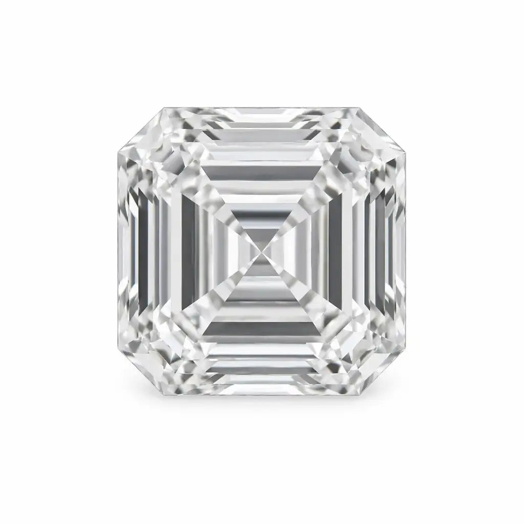 A perfectly symmetrical square Asscher cut lab-grown diamond with deeply cropped corners and distinctive step-cut facets creating a windmill pattern.