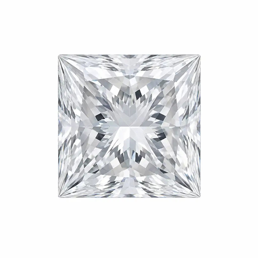 A modern princess cut square lab-grown diamond featuring sharp geometric lines and intense inner sparkle.