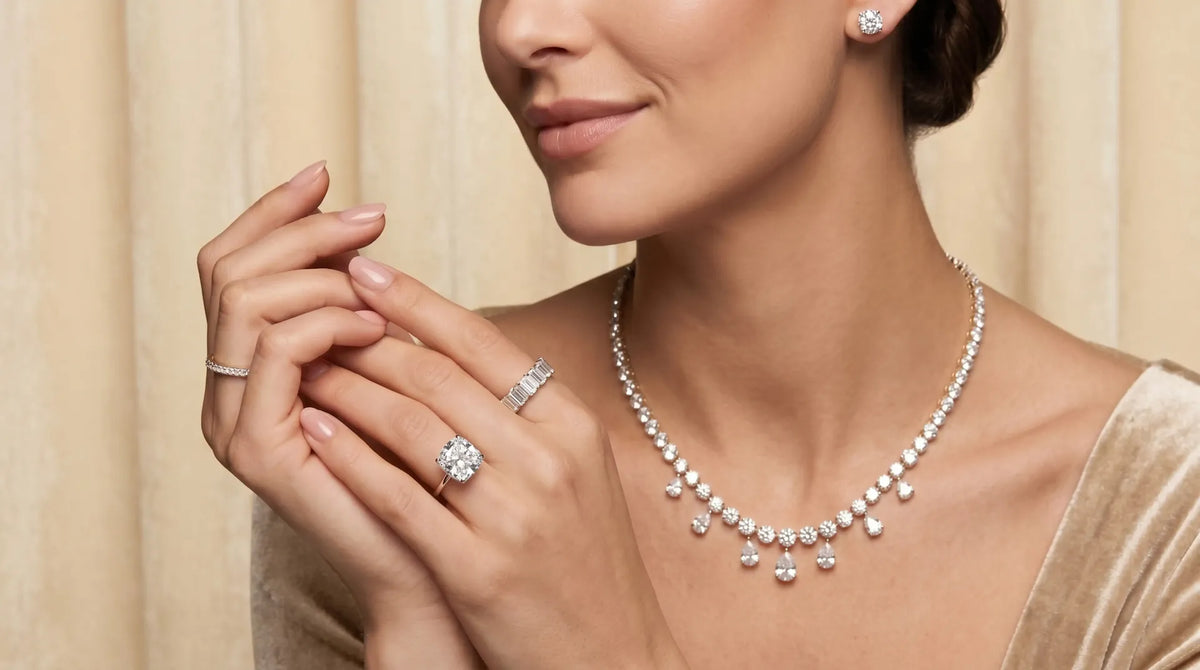 A close-up high-resolution banner of a luxury 2-carat round brilliant cut lab-grown diamond engagement ring with an IGI certificate, set in a classic 18K white gold six-prong setting on a soft beige elegant background.