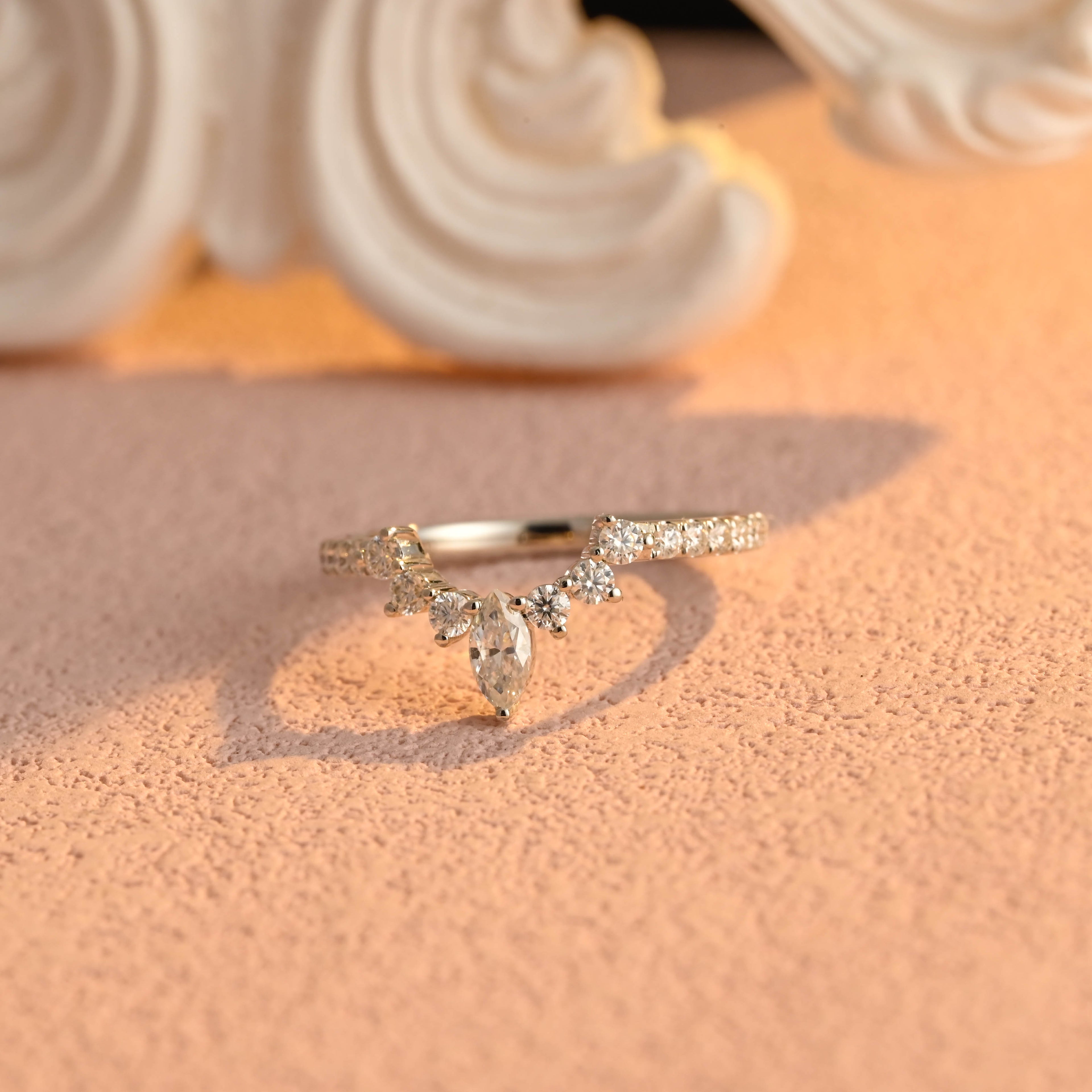 Marquise & Round Lab Grown Diamond Chevron Wedding Band | D-E VVS-VS | 14K 18K Gold & Platinum