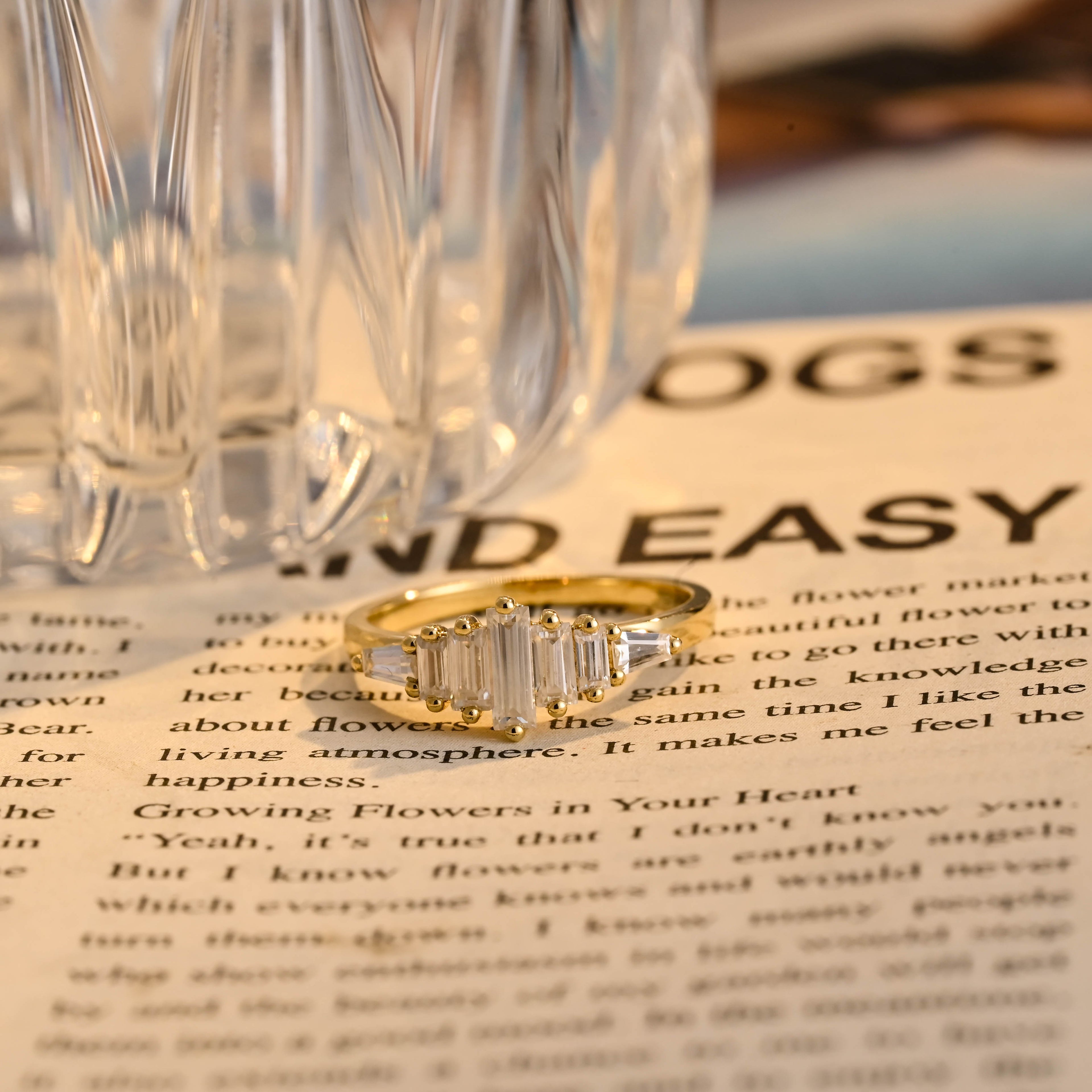 Art Deco 0.64 CTW Emerald & Baguette Cut Lab Grown Diamond Ring | D-E VVS-VS | 14K 18K Gold
