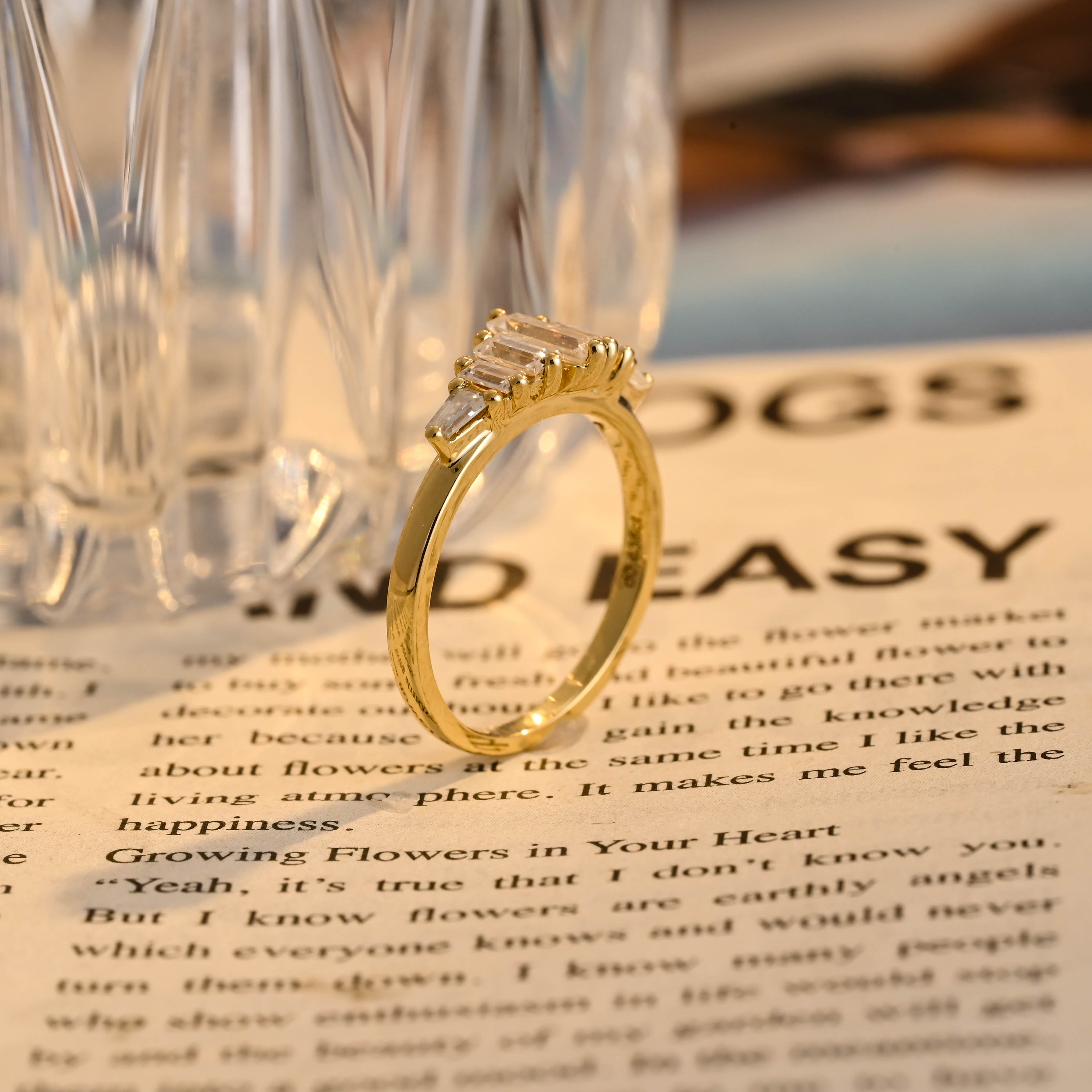 Art Deco 0.64 CTW Emerald & Baguette Cut Lab Grown Diamond Ring | D-E VVS-VS | 14K 18K Gold