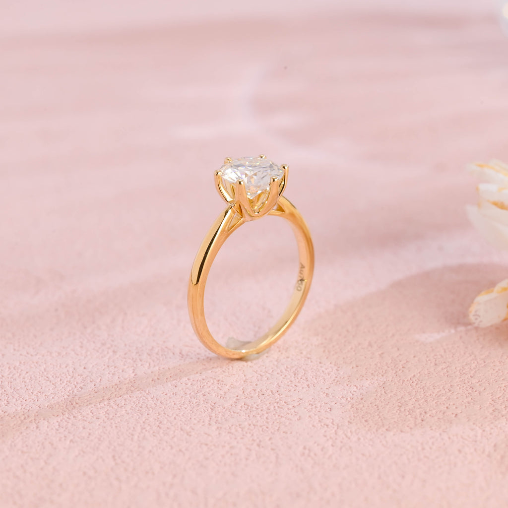 side profile view of high polish solid shank lab created round diamond ring with traditional 6 prongs