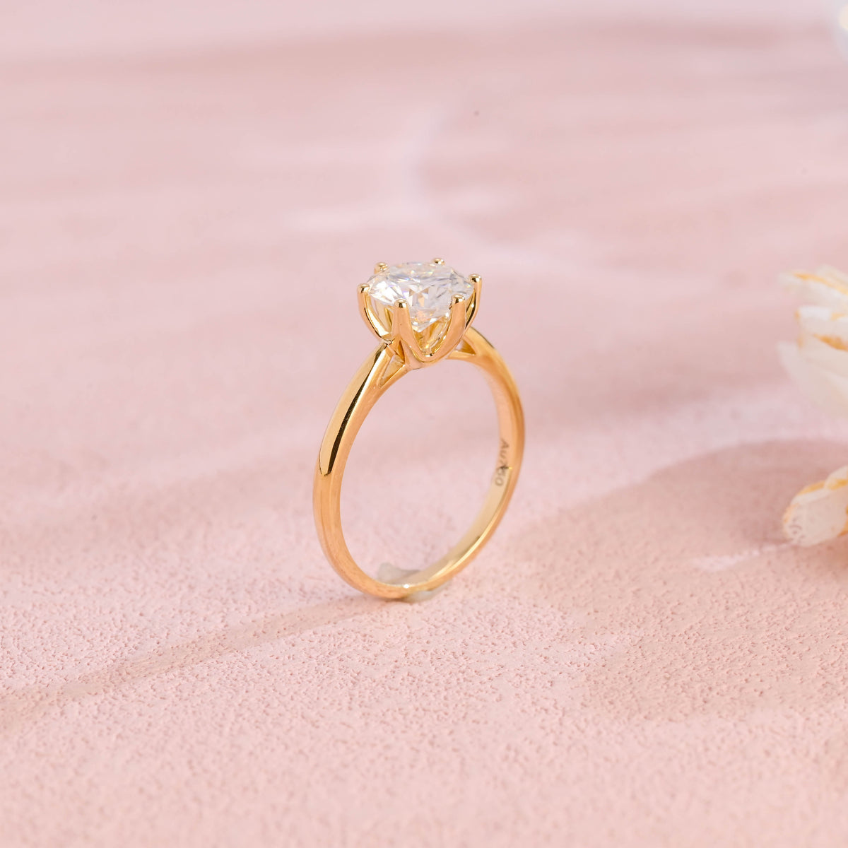 side profile view of high polish solid shank lab created round diamond ring with traditional 6 prongs