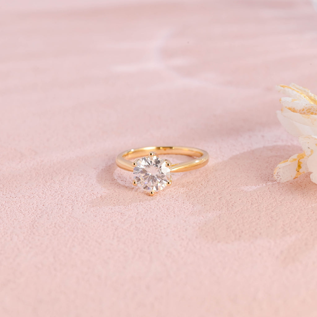 side profile view of high polish solid shank lab created round diamond ring with traditional 6 prongs