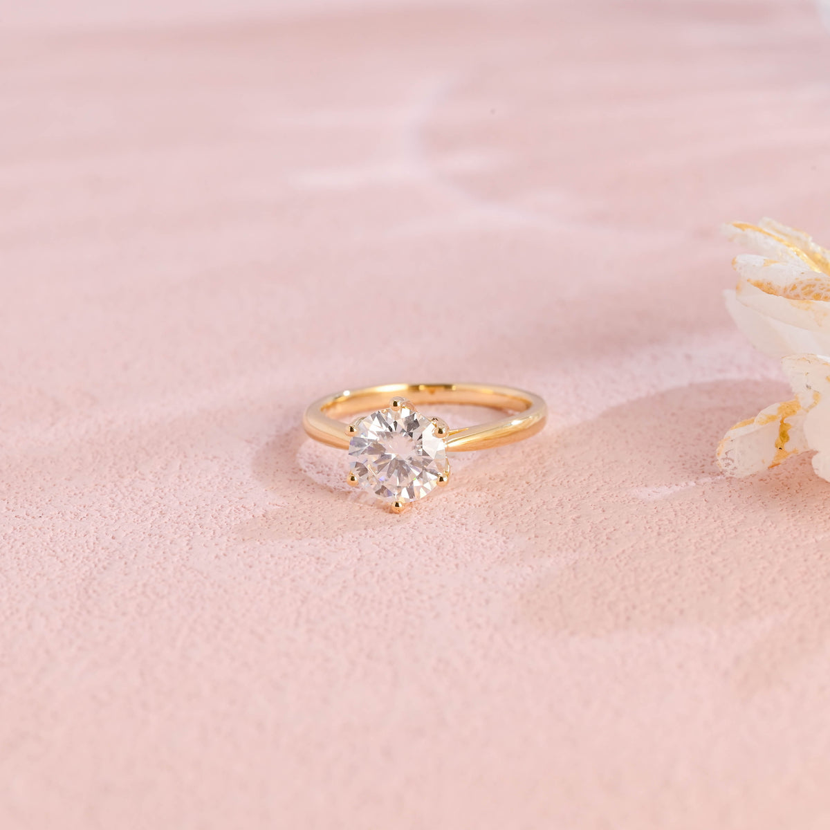 side profile view of high polish solid shank lab created round diamond ring with traditional 6 prongs