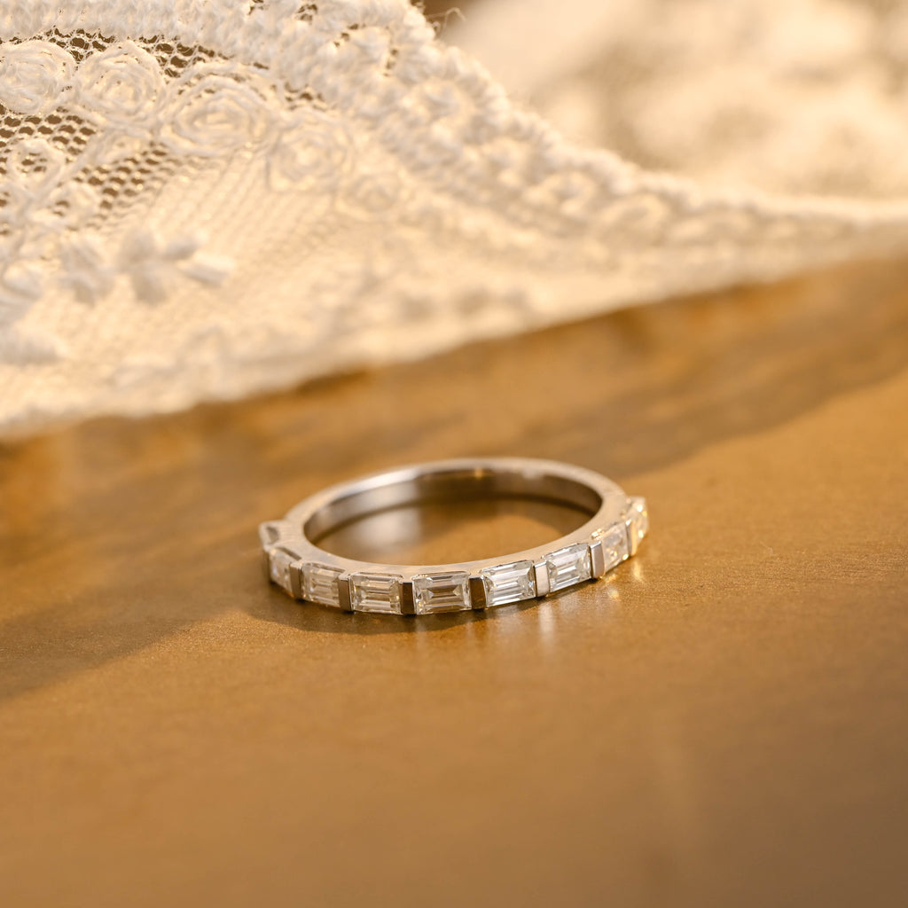 9-Stone Emerald Cut Multi-Stone Wedding Band - D-E Color VVS-VS - 14K 18K Gold & Platinum