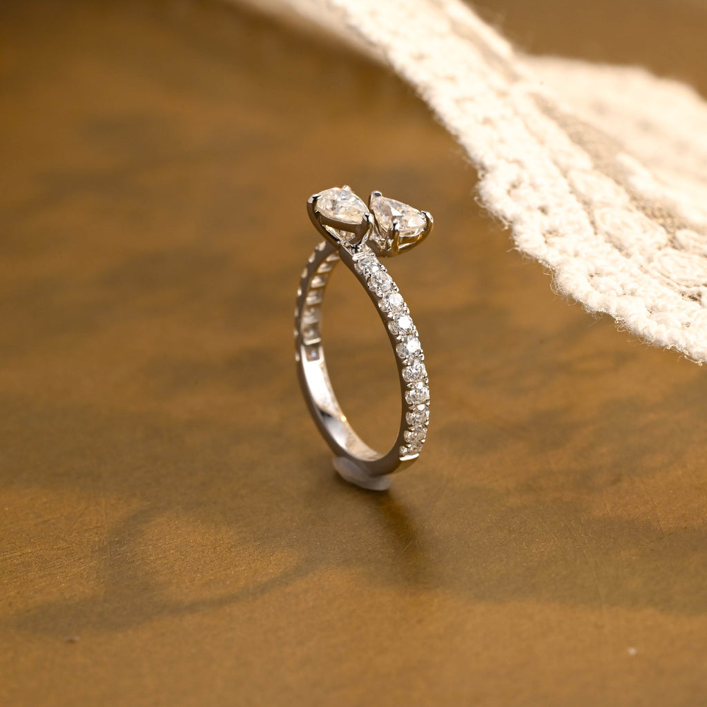 Toi et Moi Pear Cut Lab Grown Diamond Ring | Two-Stone Pave Band | D-E VVS-VS | 14K 18K Platinum