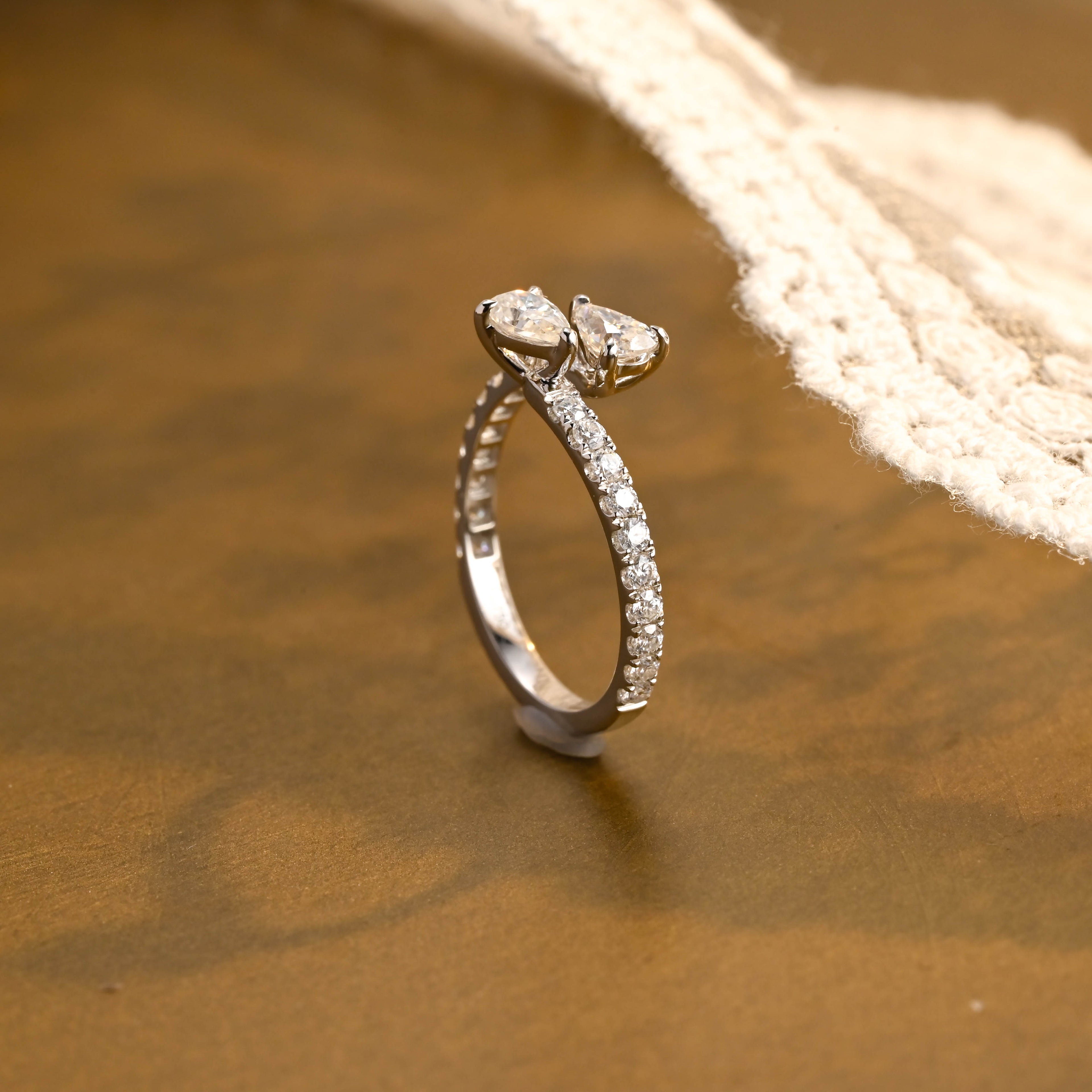 Toi et Moi Pear Cut Lab Grown Diamond Ring | Two-Stone Pave Band | D-E VVS-VS | 14K 18K Platinum