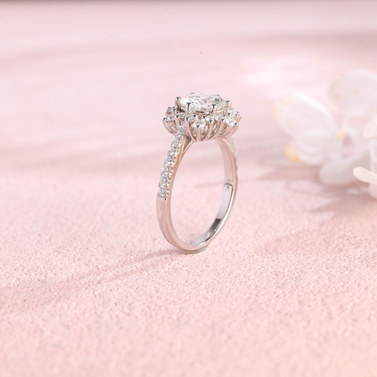 IGI certified round brilliant halo lab grown diamond engagement ring with pave diamond band d color vs1 ex cut in 18k white gold