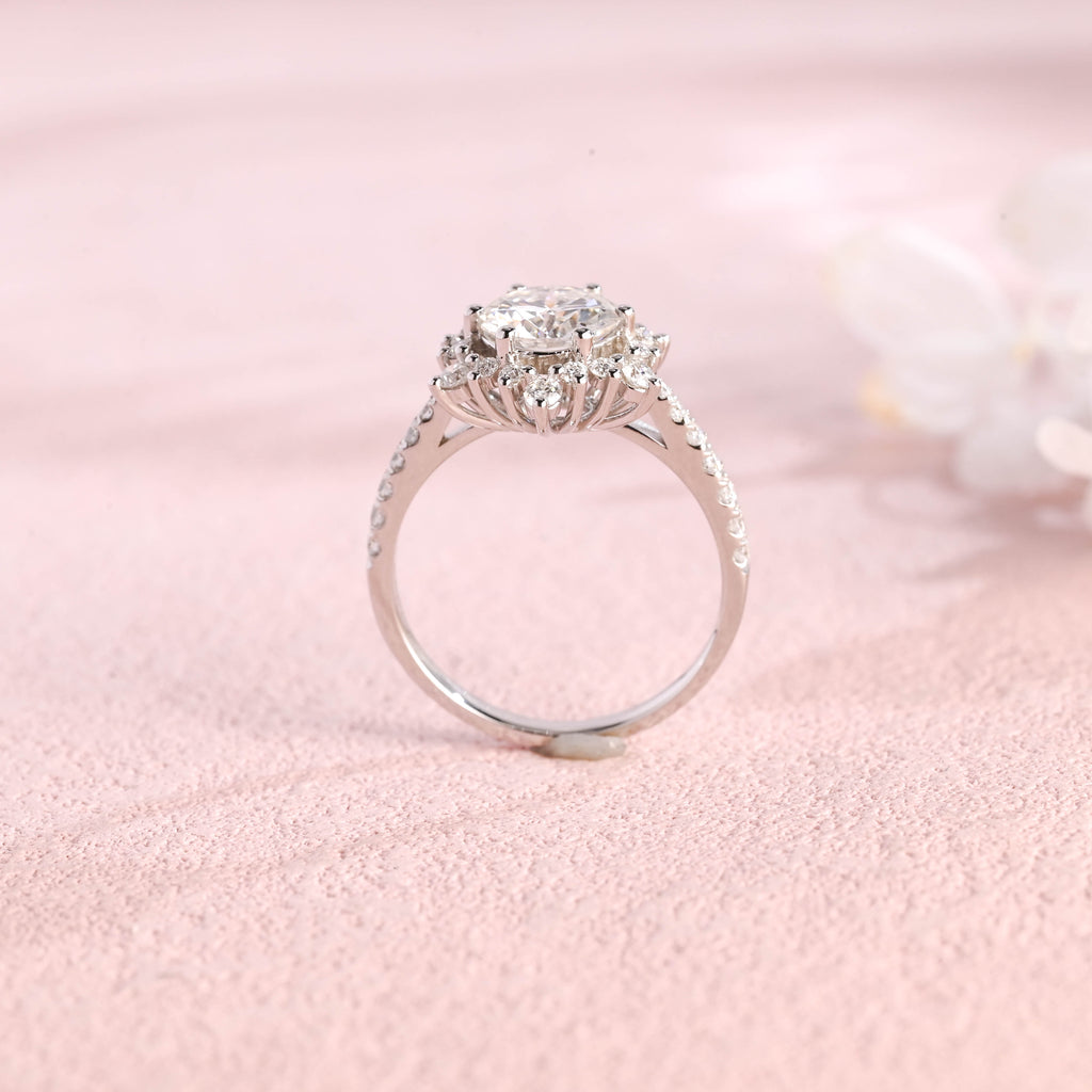 IGI certified round brilliant halo lab grown diamond engagement ring with pave diamond band d color vs1 ex cut in 18k white gold