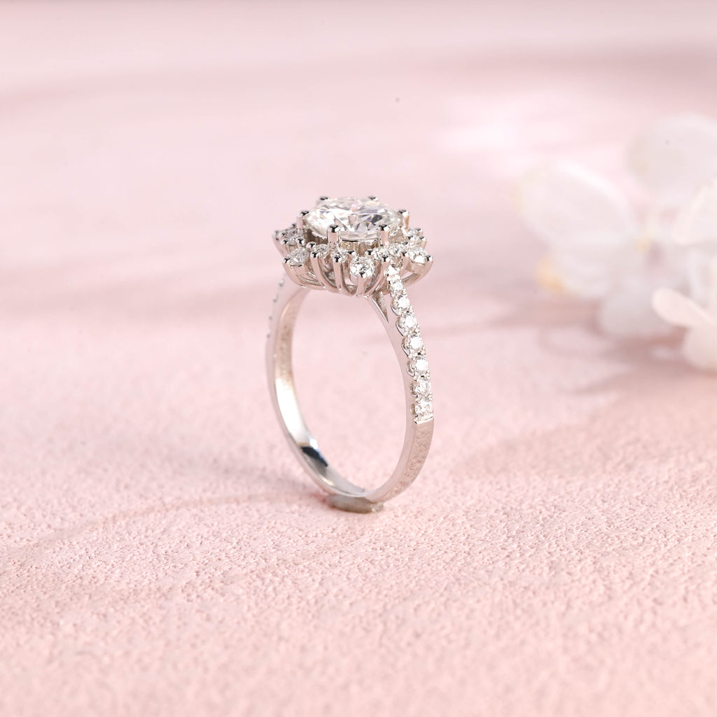 IGI certified round brilliant halo lab grown diamond engagement ring with pave diamond band d color vs1 ex cut in 18k white gold