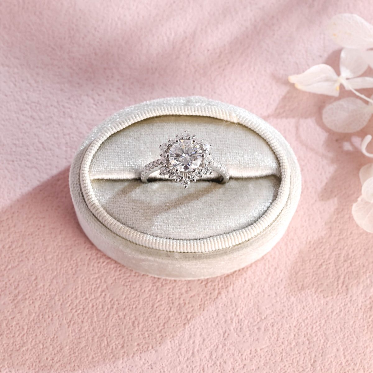 IGI certified round brilliant halo lab grown diamond engagement ring with pave diamond band d color vs1 ex cut in 18k white gold