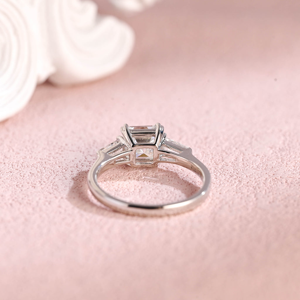 Bottom gallery view of the three stone asscher lab grown diamond ring showing craftsmanship.