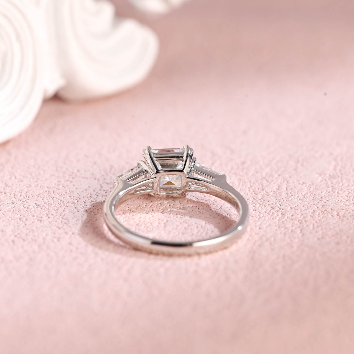 Bottom gallery view of the three stone asscher lab grown diamond ring showing craftsmanship.