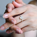 Exquisite radiant cut lab grown diamond halo ring with pave band showcased inside a premium luxury jewelry gift box.