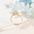 Side profile macro view of a radiant cut lab created diamond halo ring showing the intricate micro-pave basket and side stones.